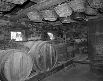 Porão contendo barris, pipas de vinho e cestas de vime penduradas no teto